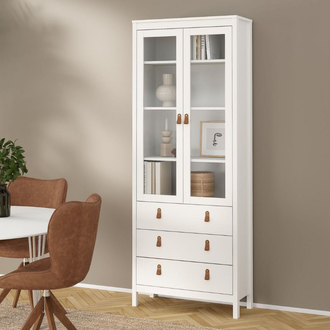 White 2 Glass Door And 3 Drawer Cabinet With Brown Leather Handles