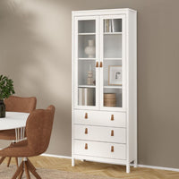 Thumbnail for White 2 Glass Door And 3 Drawer Cabinet With Brown Leather Handles