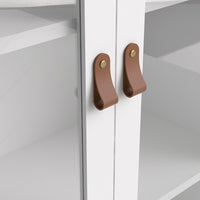 Thumbnail for White 2 Glass Door And 3 Drawer Cabinet With Brown Leather Handles