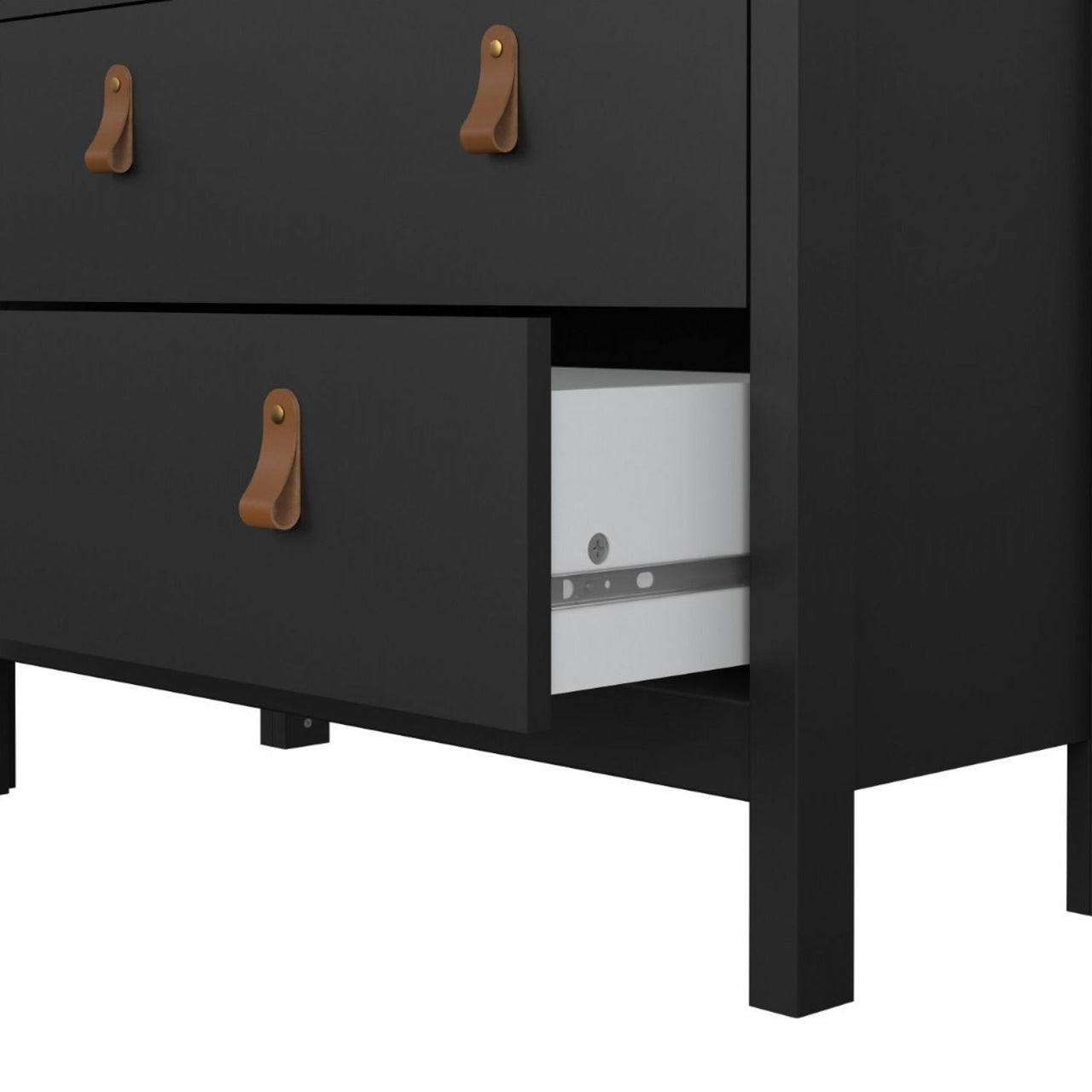 Matt Black 2 Door 3 Drawer Cabinet With Brown Leather Tab Handles