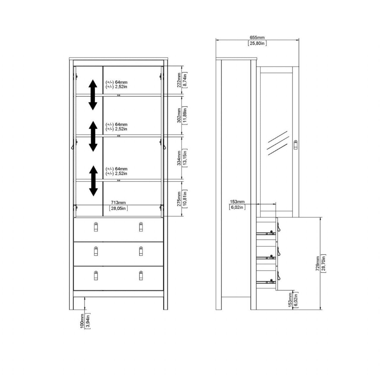 Matt Black 2 Door 3 Drawer Cabinet With Brown Leather Tab Handles