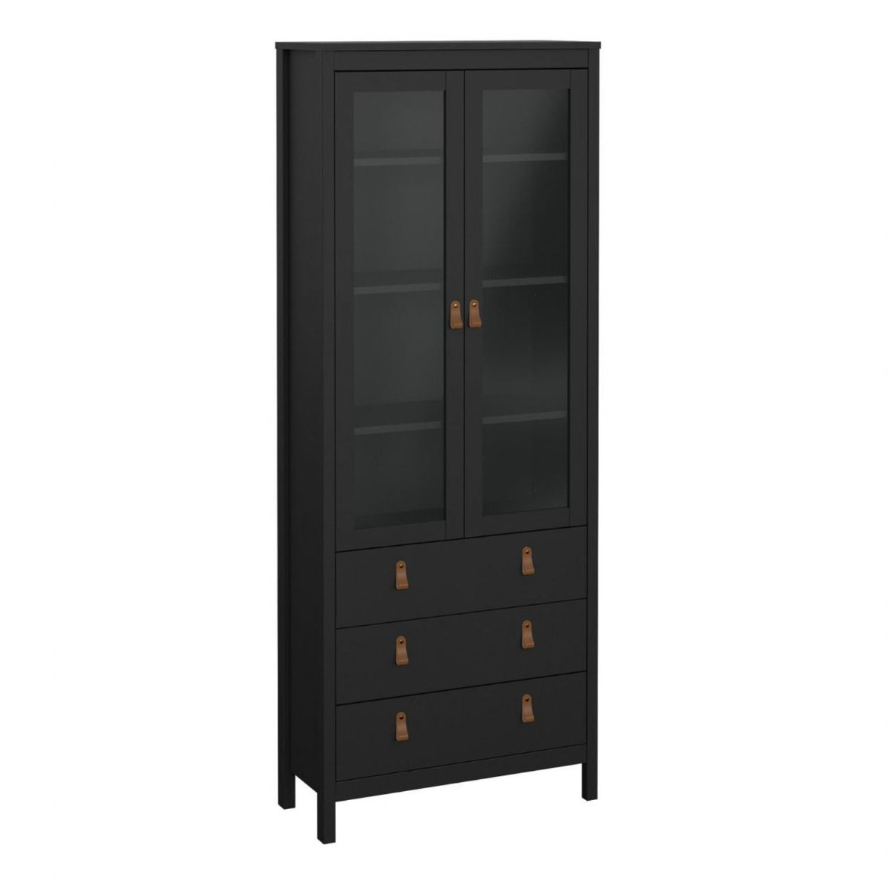 Matt Black 2 Door 3 Drawer Cabinet With Brown Leather Tab Handles