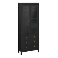 Thumbnail for Matt Black 2 Door 3 Drawer Cabinet With Brown Leather Tab Handles