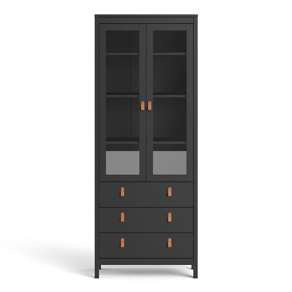 Matt Black 2 Door 3 Drawer Cabinet With Brown Leather Tab Handles