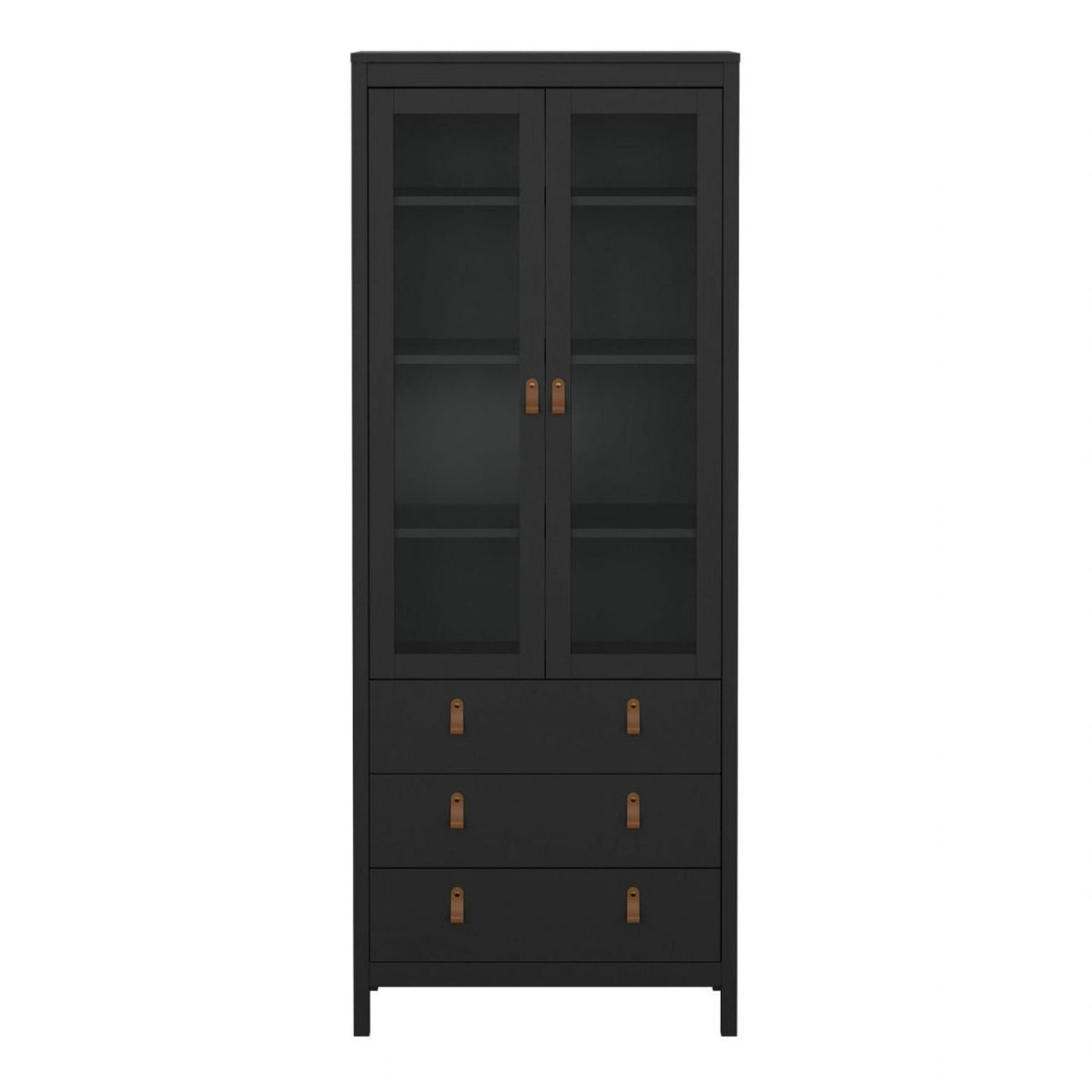 Matt Black 2 Door 3 Drawer Cabinet With Brown Leather Tab Handles