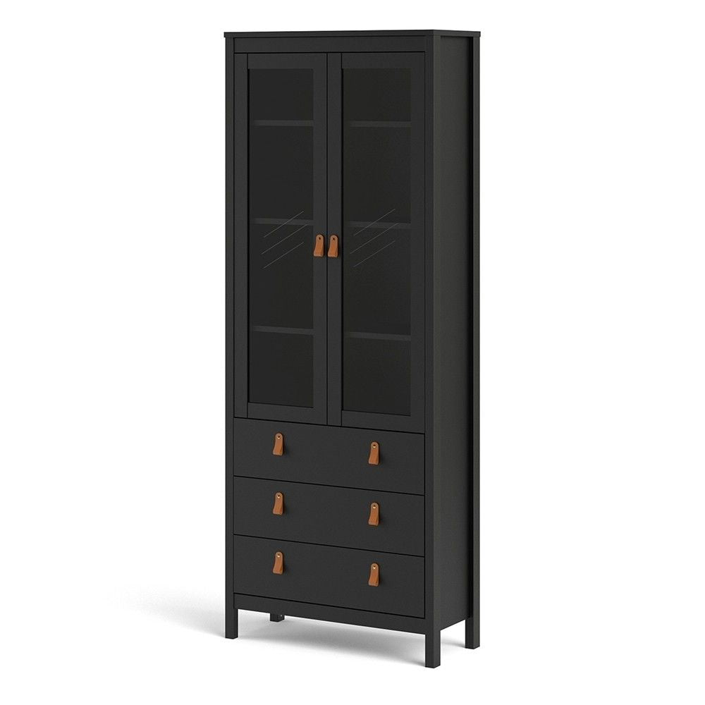 Matt Black 2 Door 3 Drawer Cabinet With Brown Leather Tab Handles