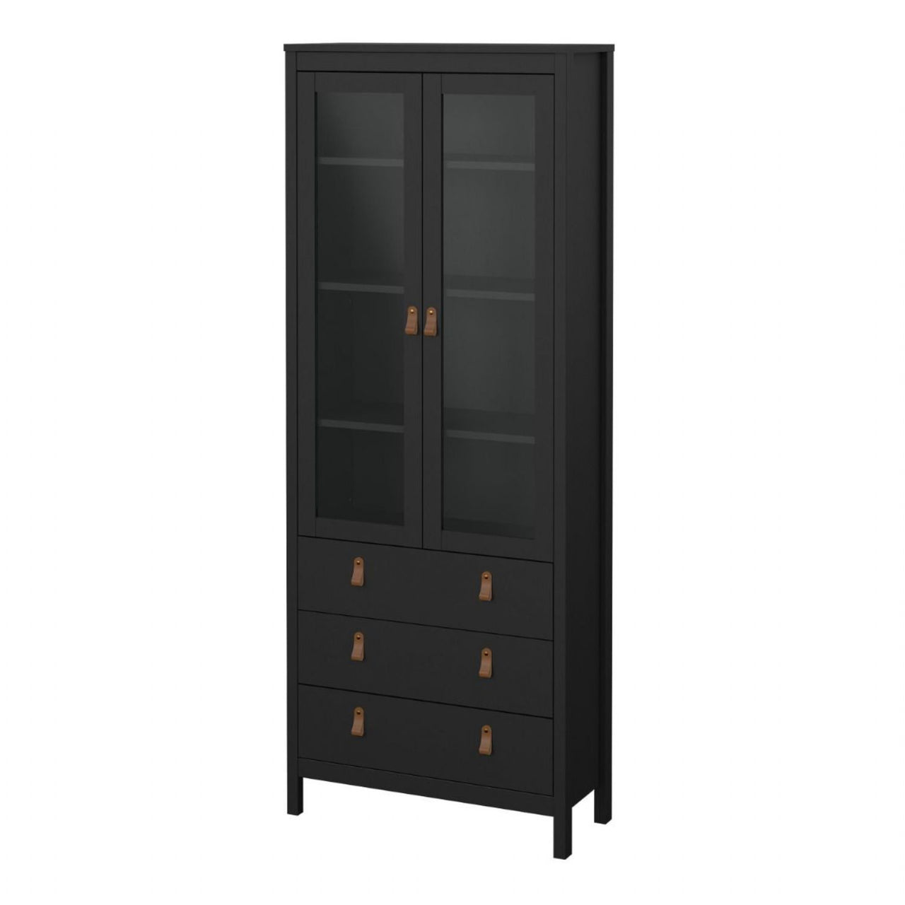 Matt Black 2 Door 3 Drawer Cabinet With Brown Leather Tab Handles