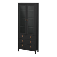 Thumbnail for Matt Black 2 Door 3 Drawer Cabinet With Brown Leather Tab Handles