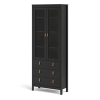 Thumbnail for Matt Black 2 Door 3 Drawer Cabinet With Brown Leather Tab Handles