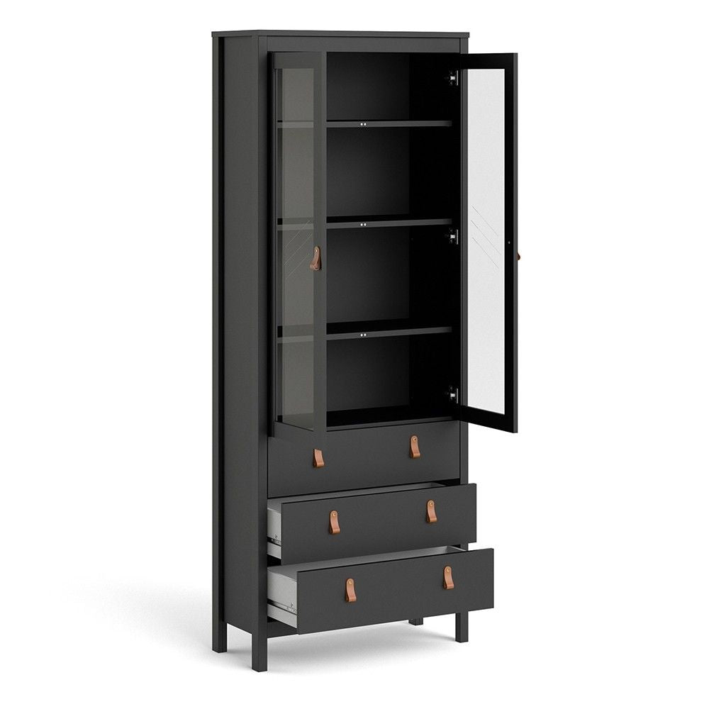 Matt Black 2 Door 3 Drawer Cabinet With Brown Leather Tab Handles