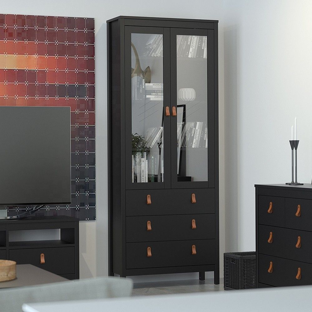 Matt Black 2 Door 3 Drawer Cabinet With Brown Leather Tab Handles