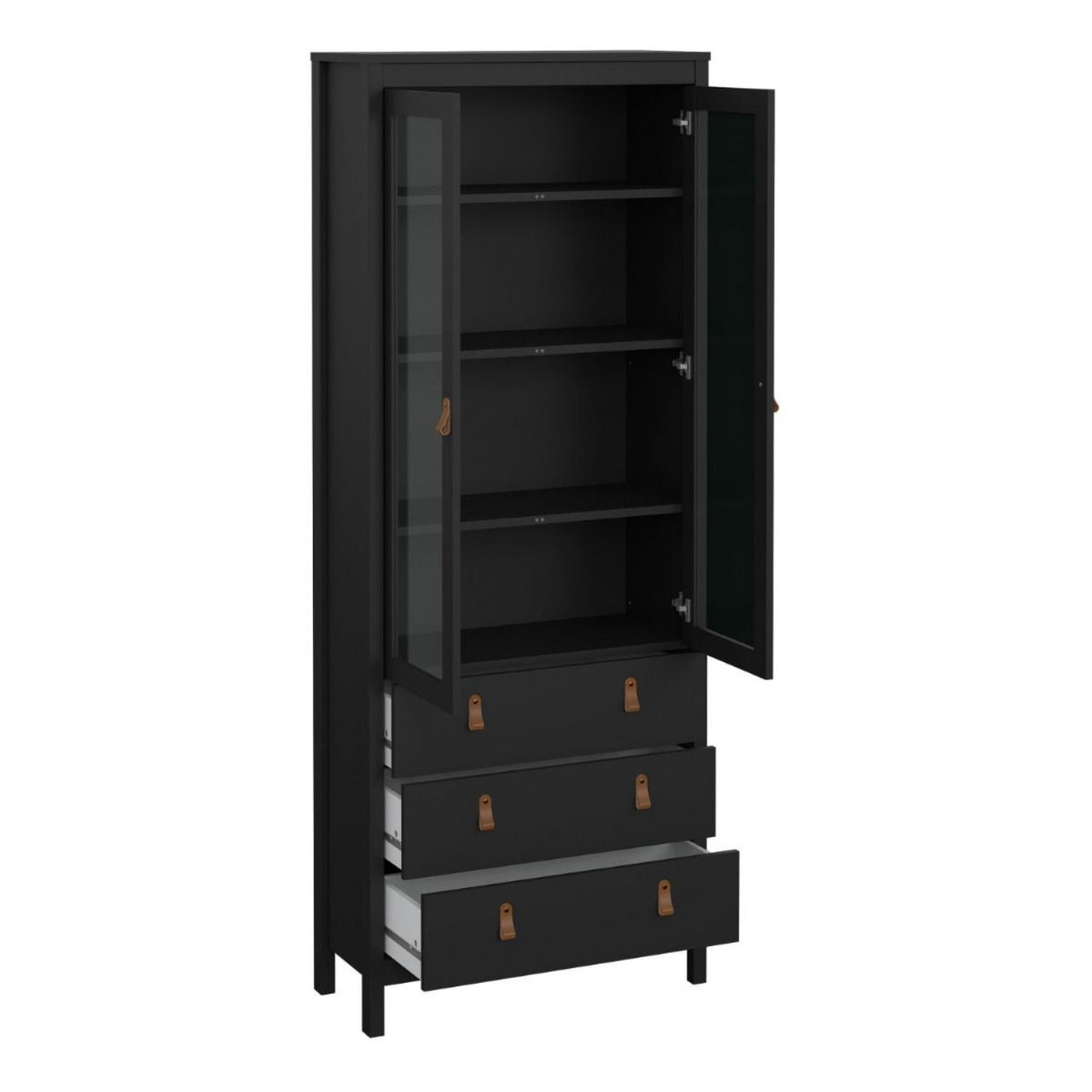 Matt Black 2 Door 3 Drawer Cabinet With Brown Leather Tab Handles