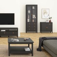 Thumbnail for Matt Black 2 Door 3 Drawer Cabinet With Brown Leather Tab Handles