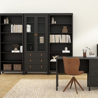 Thumbnail for Matt Black 2 Door 3 Drawer Cabinet With Brown Leather Tab Handles