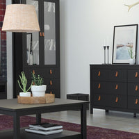 Thumbnail for Matt Black 2 Door 3 Drawer Cabinet With Brown Leather Tab Handles