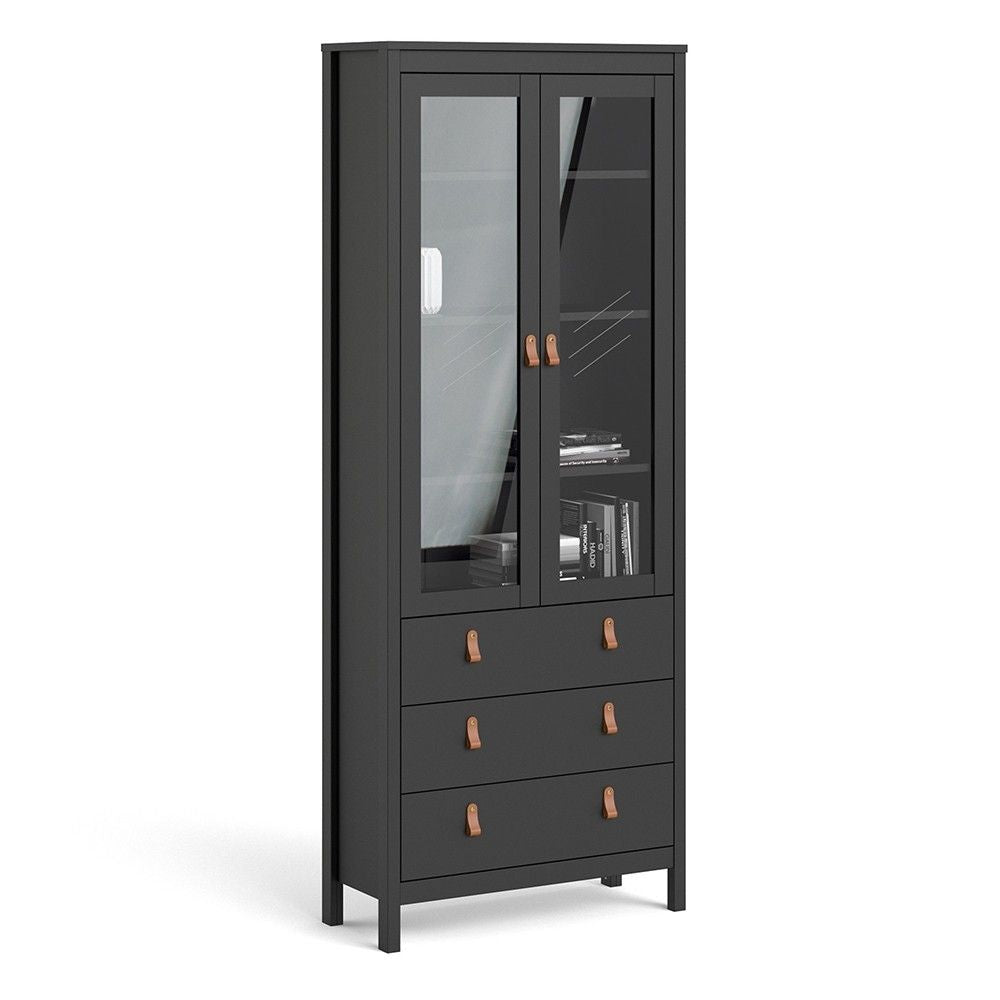 Matt Black 2 Door 3 Drawer Cabinet With Brown Leather Tab Handles