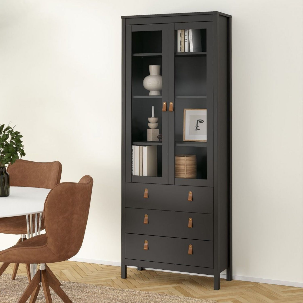 Matt Black 2 Door 3 Drawer Cabinet With Brown Leather Tab Handles