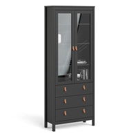 Thumbnail for Matt Black 2 Door 3 Drawer Cabinet With Brown Leather Tab Handles