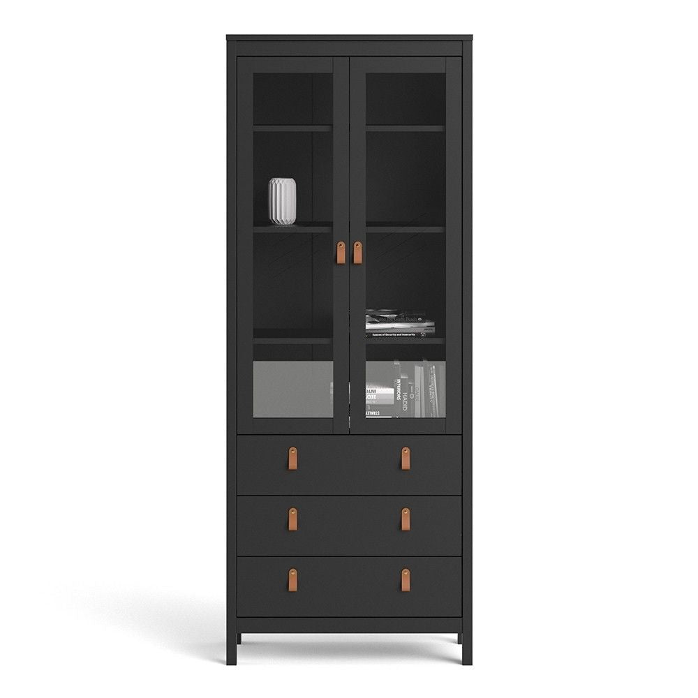 Matt Black 2 Door 3 Drawer Cabinet With Brown Leather Tab Handles