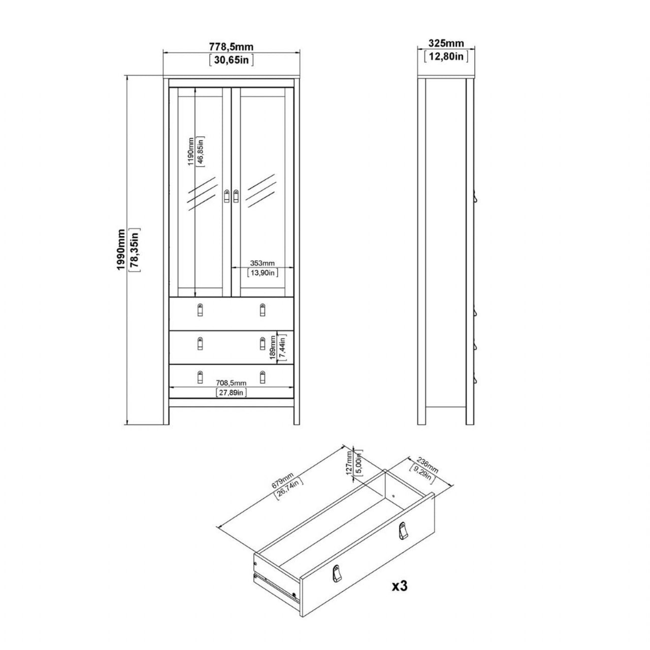 Barcelona China Cabinet 2 Doors with Glass + 3 Drawers in Jackson Hickory Oak