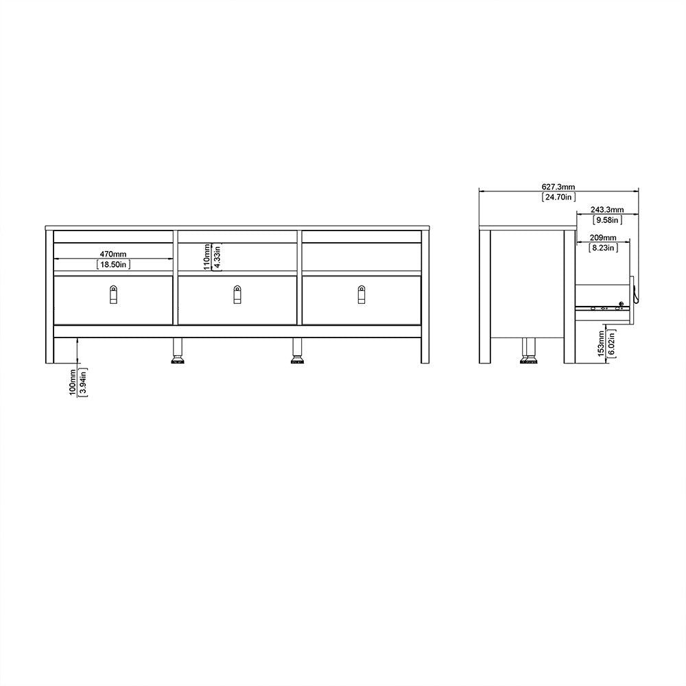 White Wooden Large 3 Drawer TV Unit with Brown Leather Tab Handles