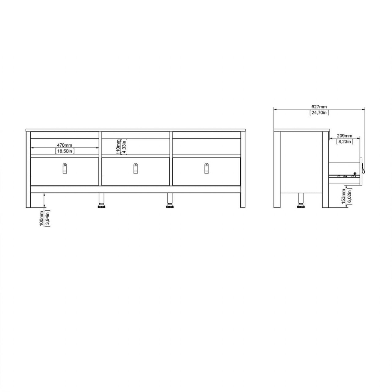 White Wooden Large 3 Drawer TV Unit with Brown Leather Tab Handles