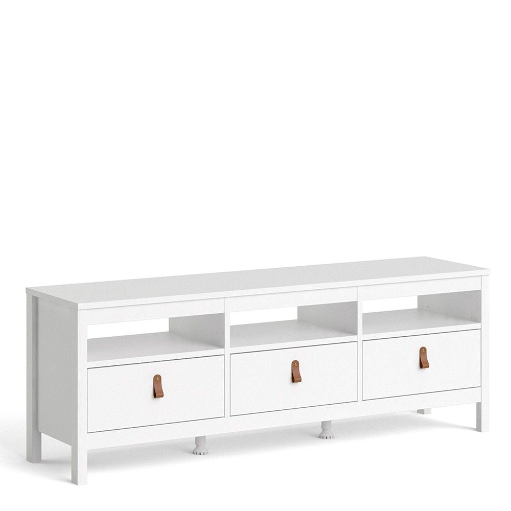 White Wooden Large 3 Drawer TV Unit with Brown Leather Tab Handles