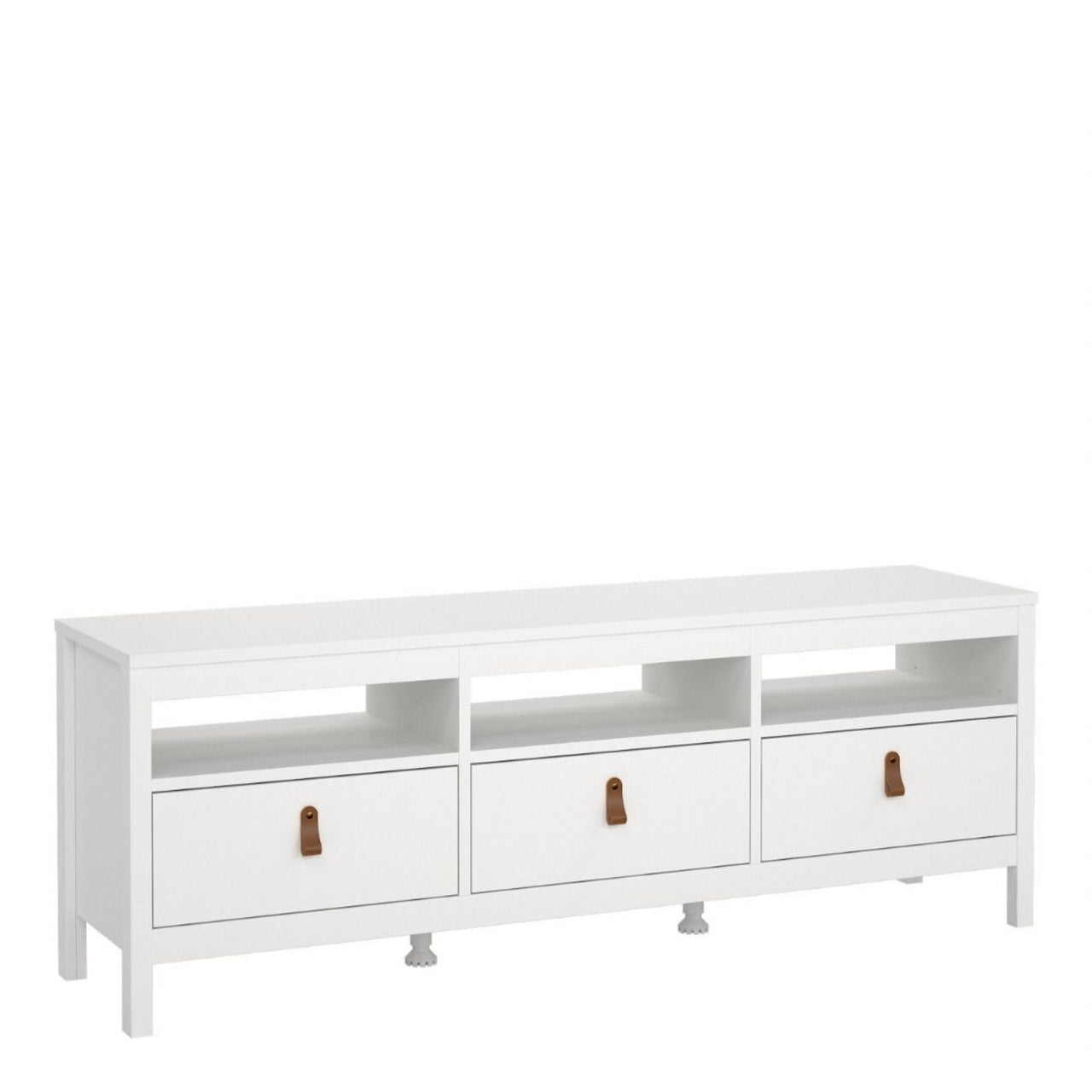 White Wooden Large 3 Drawer TV Unit with Brown Leather Tab Handles