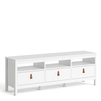 Thumbnail for White Wooden Large 3 Drawer TV Unit with Brown Leather Tab Handles