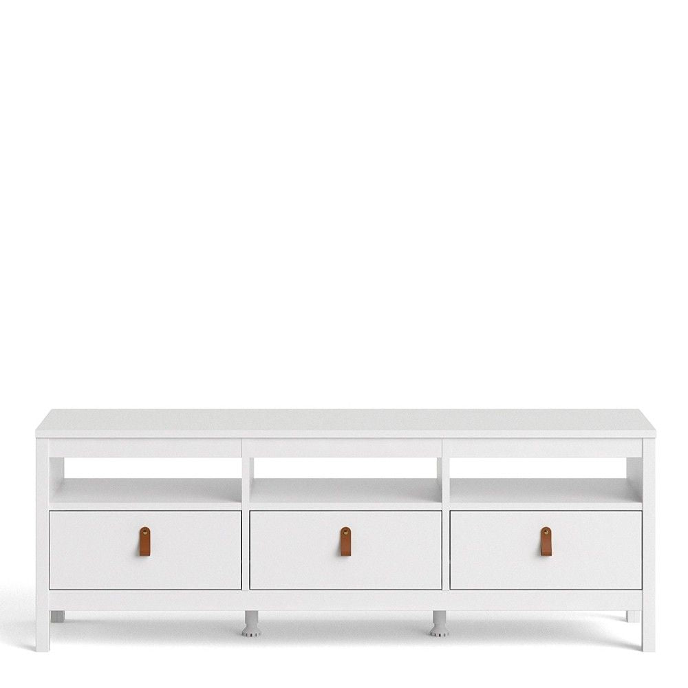 White Wooden Large 3 Drawer TV Unit with Brown Leather Tab Handles