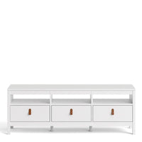 Thumbnail for White Wooden Large 3 Drawer TV Unit with Brown Leather Tab Handles