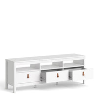 Thumbnail for White Wooden Large 3 Drawer TV Unit with Brown Leather Tab Handles