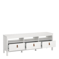 Thumbnail for White Wooden Large 3 Drawer TV Unit with Brown Leather Tab Handles