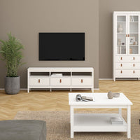 Thumbnail for White Wooden Large 3 Drawer TV Unit with Brown Leather Tab Handles