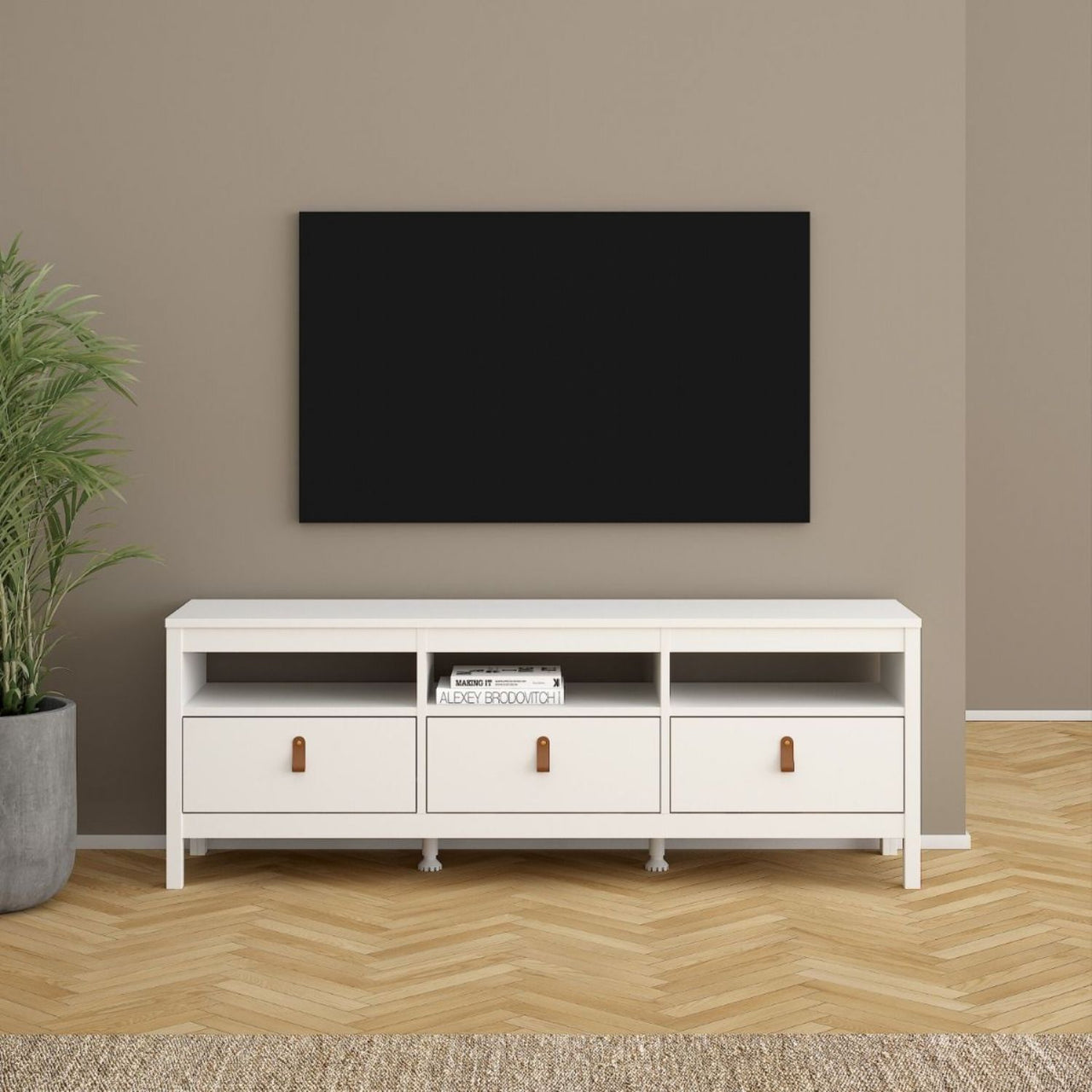 White Wooden Large 3 Drawer TV Unit with Brown Leather Tab Handles