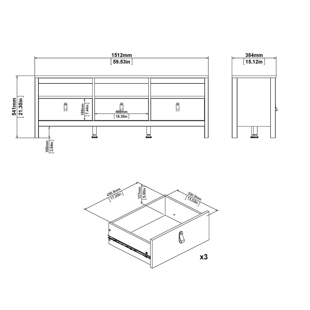 White Wooden Large 3 Drawer TV Unit with Brown Leather Tab Handles