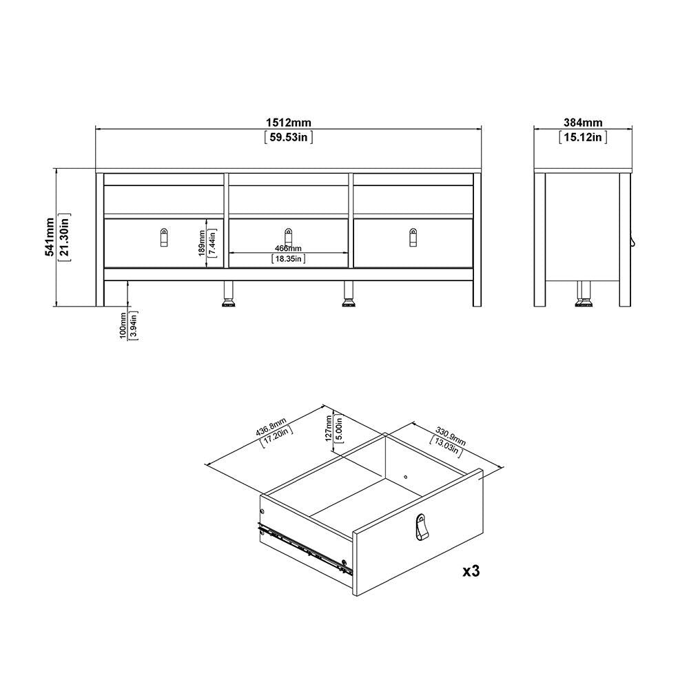 Traditional Matt Black 3 Drawer TV Unit With Brown Leather Tab Handles