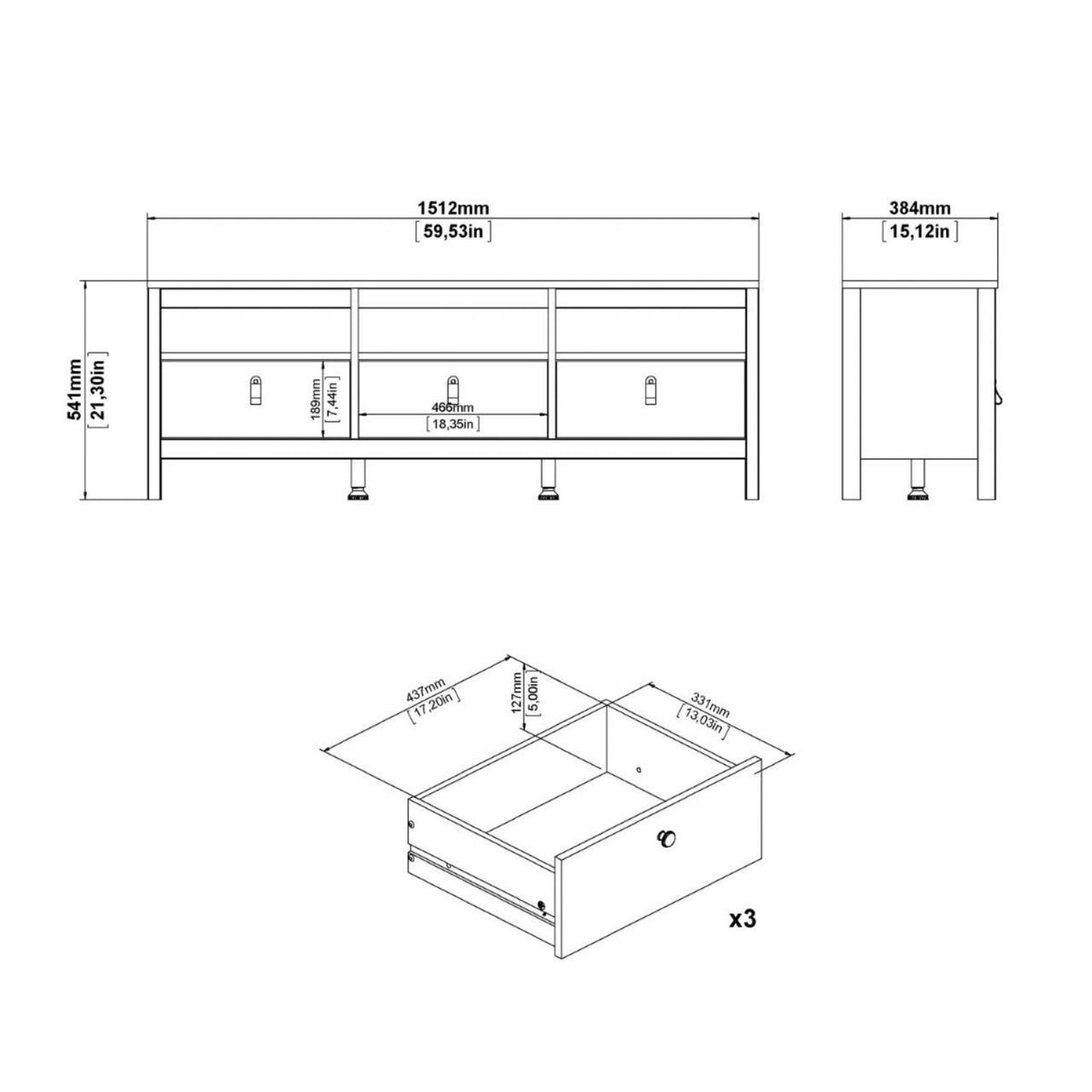 Traditional Matt Black 3 Drawer TV Unit With Brown Leather Tab Handles