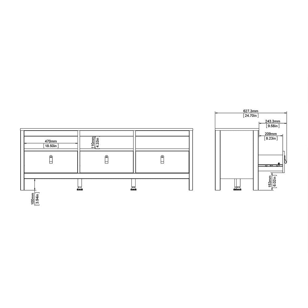 Traditional Matt Black 3 Drawer TV Unit With Brown Leather Tab Handles