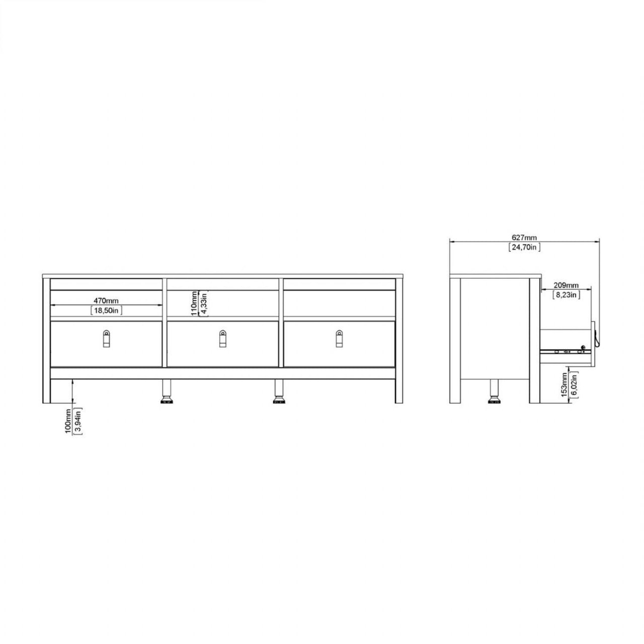 Traditional Matt Black 3 Drawer TV Unit With Brown Leather Tab Handles