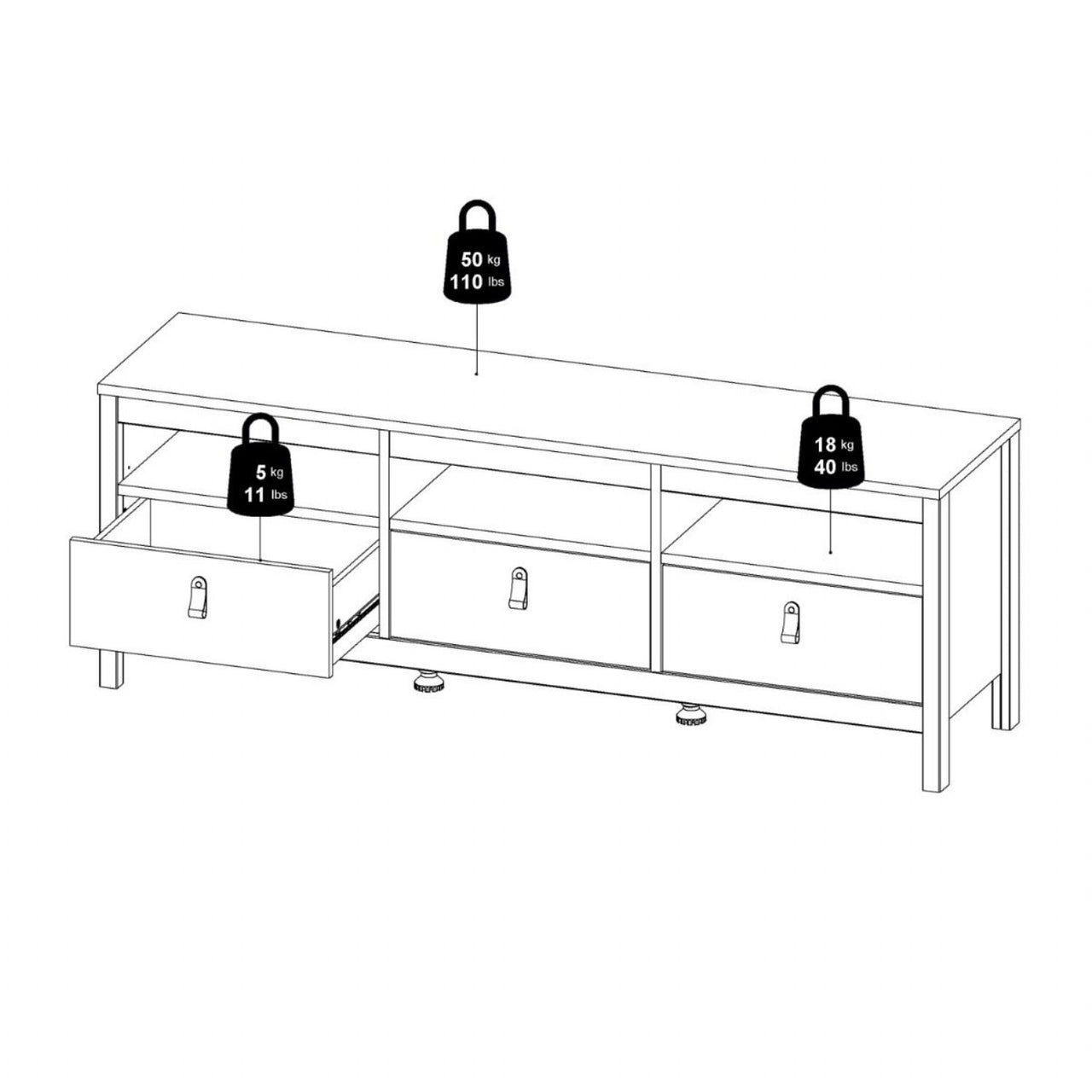 Traditional Matt Black 3 Drawer TV Unit With Brown Leather Tab Handles