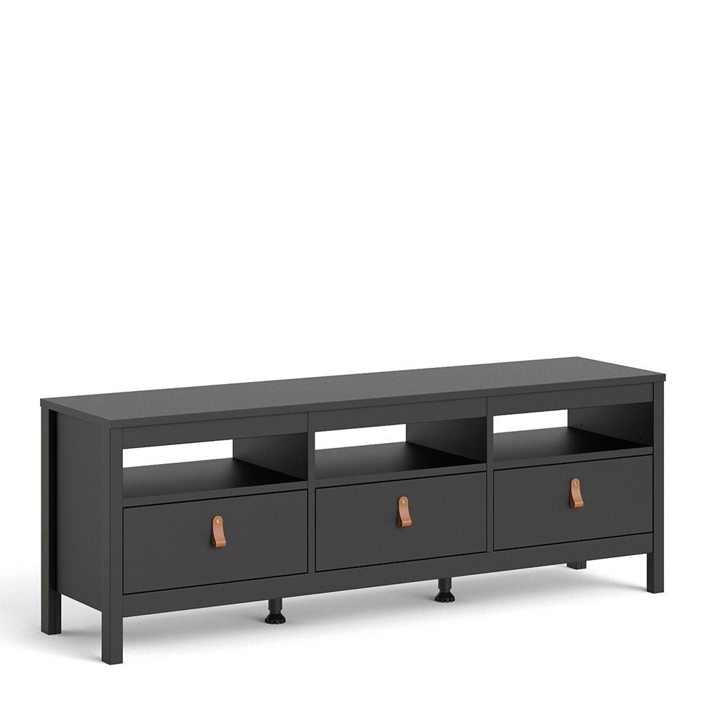 Traditional Matt Black 3 Drawer TV Unit With Brown Leather Tab Handles