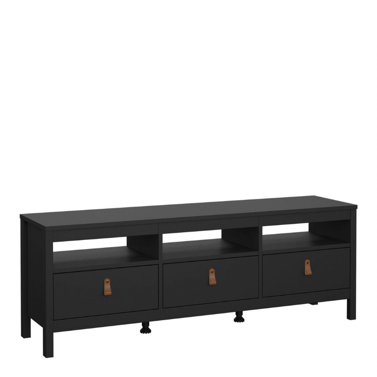 Traditional Matt Black 3 Drawer TV Unit With Brown Leather Tab Handles