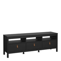 Thumbnail for Traditional Matt Black 3 Drawer TV Unit With Brown Leather Tab Handles