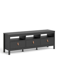 Thumbnail for Traditional Matt Black 3 Drawer TV Unit With Brown Leather Tab Handles