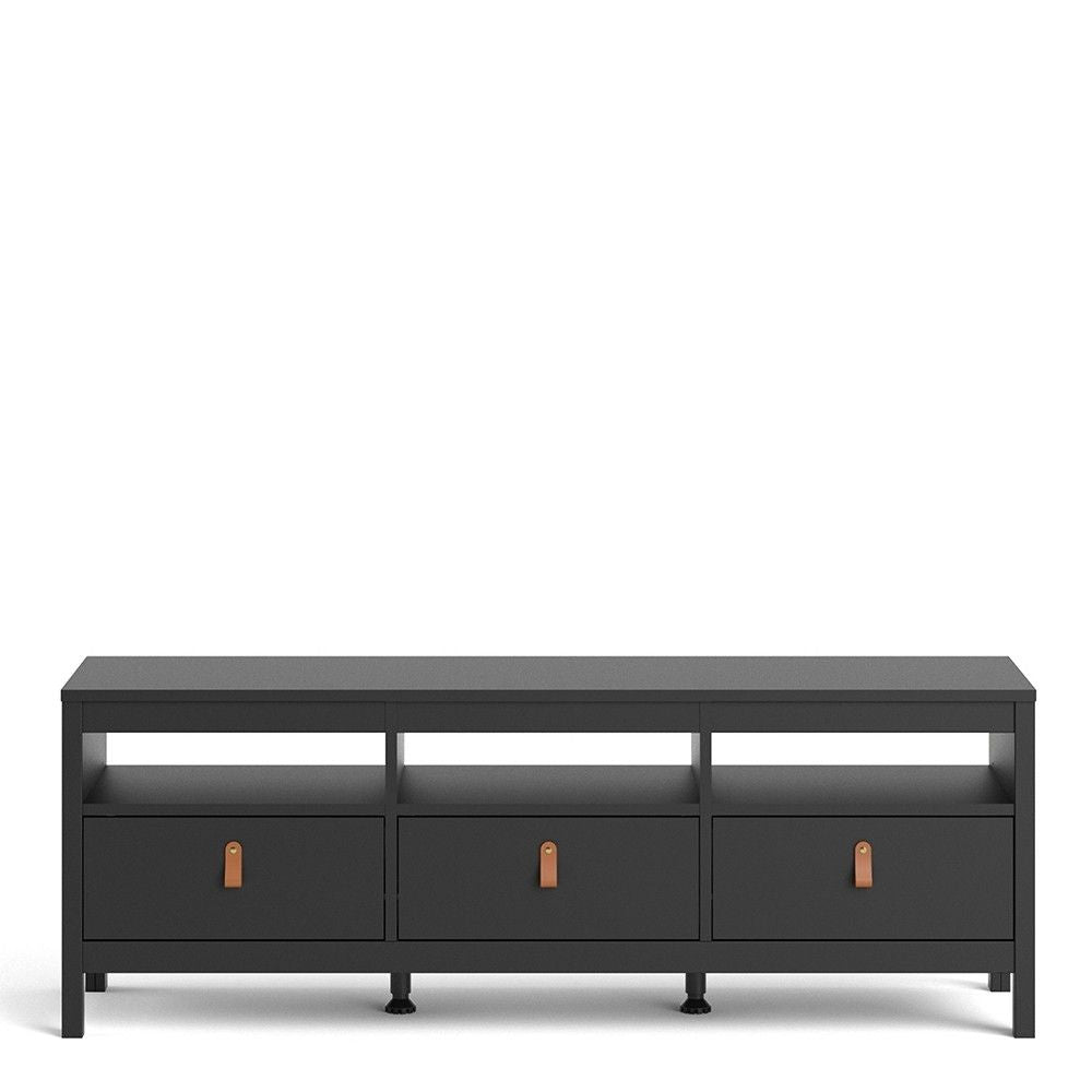 Traditional Matt Black 3 Drawer TV Unit With Brown Leather Tab Handles