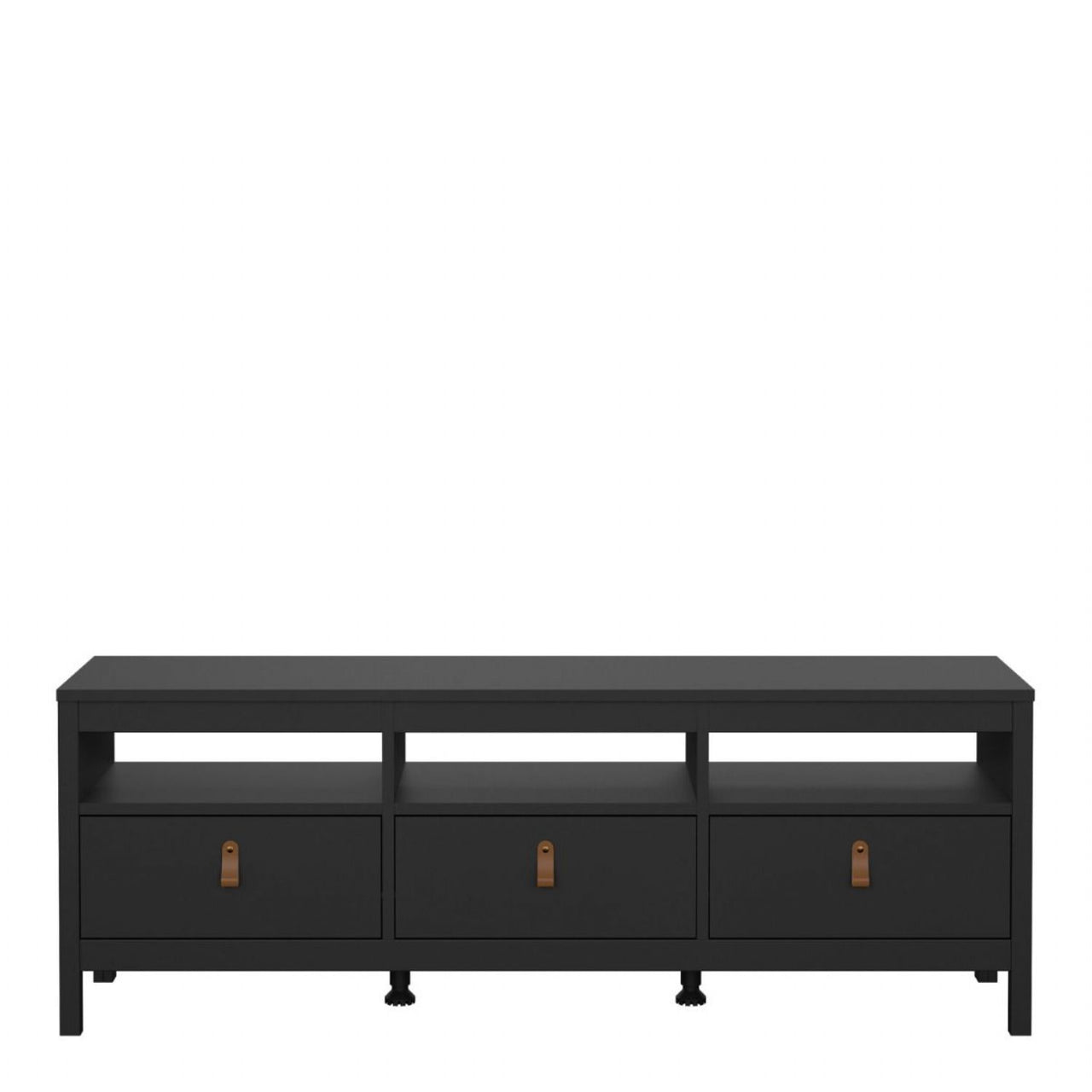 Traditional Matt Black 3 Drawer TV Unit With Brown Leather Tab Handles