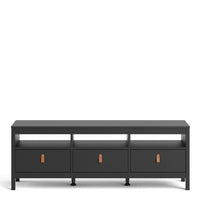 Thumbnail for Traditional Matt Black 3 Drawer TV Unit With Brown Leather Tab Handles