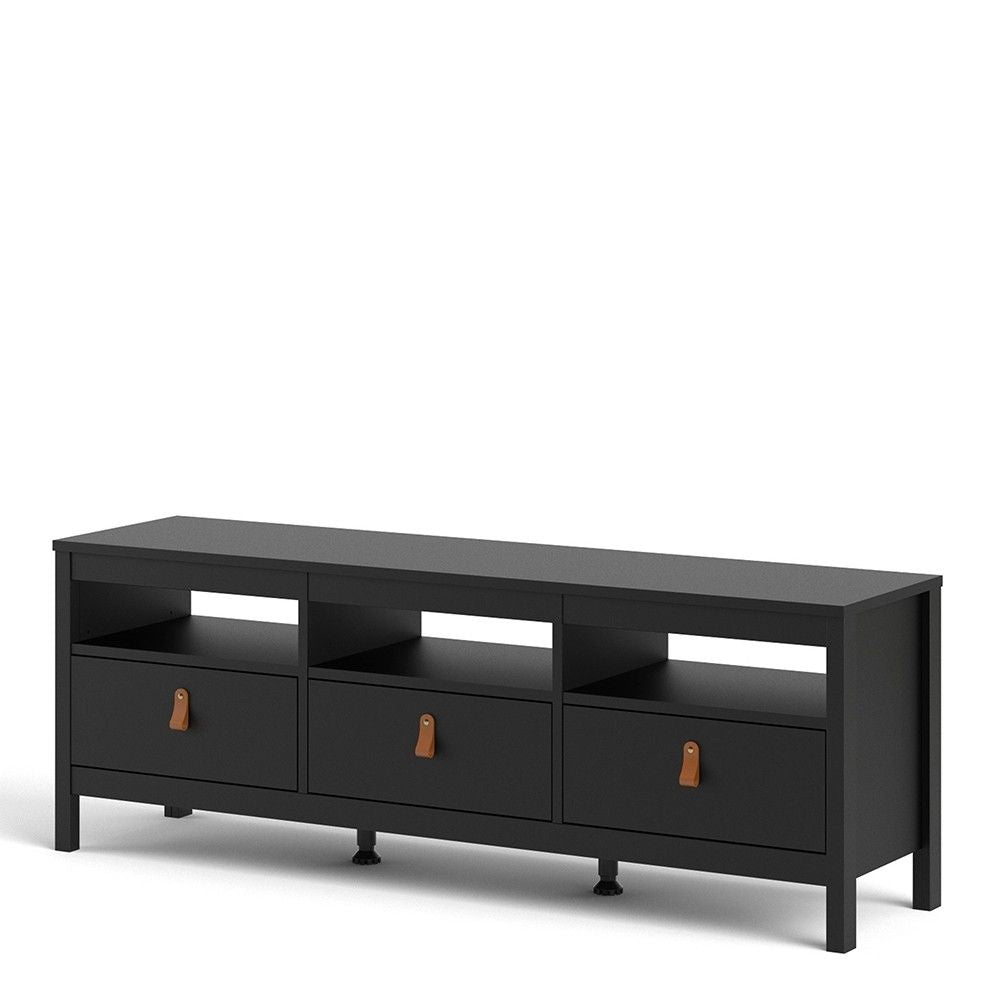 Traditional Matt Black 3 Drawer TV Unit With Brown Leather Tab Handles