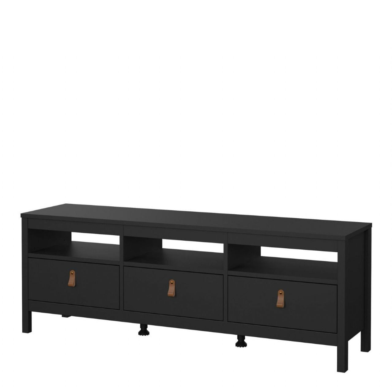 Traditional Matt Black 3 Drawer TV Unit With Brown Leather Tab Handles